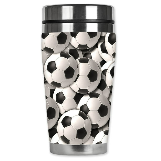 Mugzie brand 16-Ounce Travel Mug with Insulated Wetsuit Cover New Footballs 